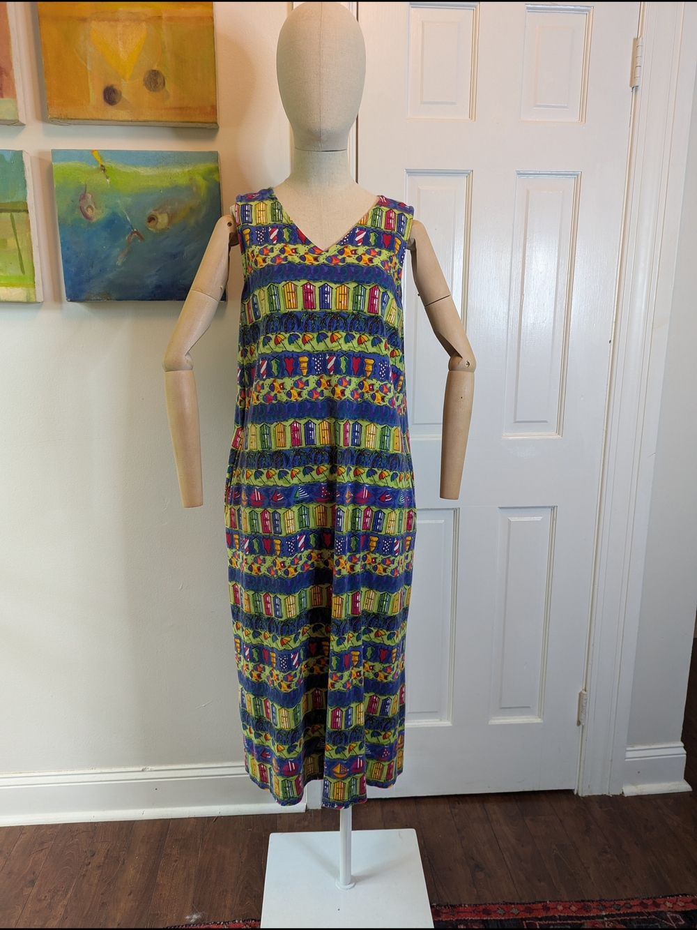 Vintage 80s 90s Vibrant Whimsical Beach Patterned Sleeveless Petite Maxi Dress